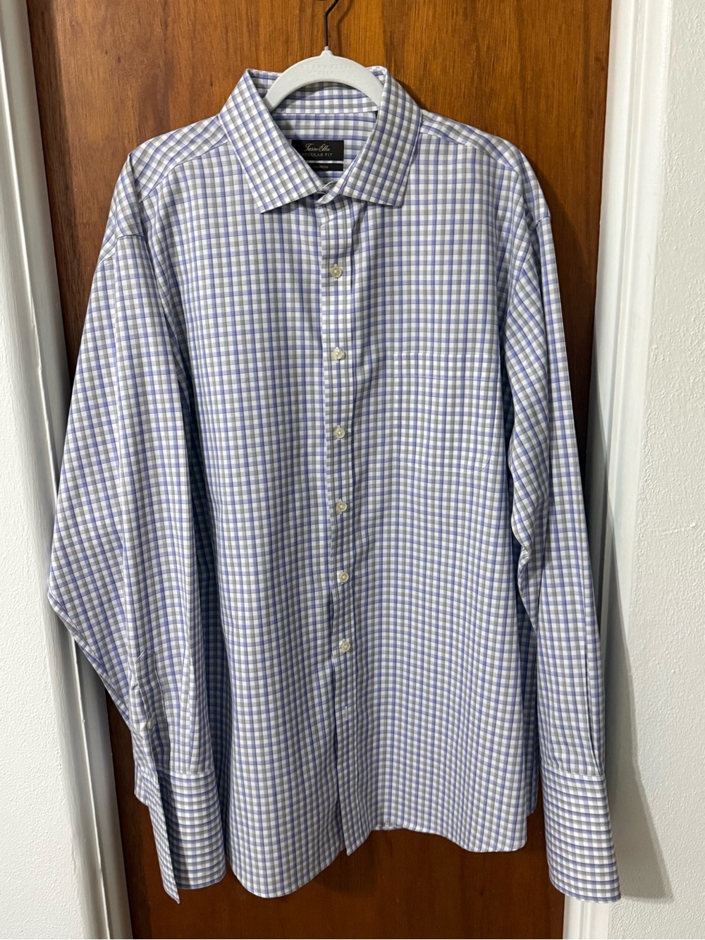 Tasso Elba Dress Shirt XL 17.5 36/37 100% Egyptian Cotton Plaid French Cuff Men